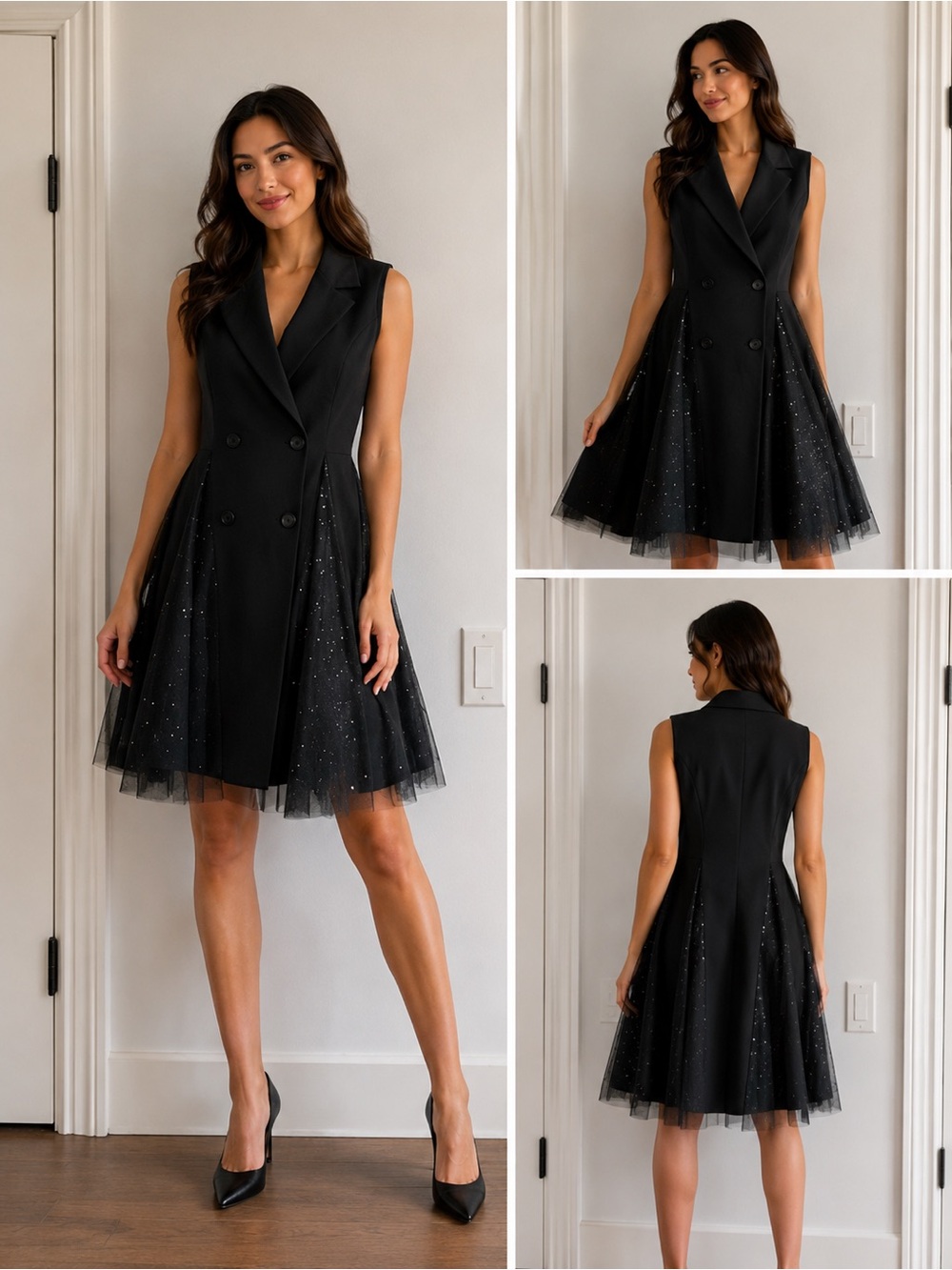 S.deer Sleeveless Black Tulle-Accent Double-Breasted Dress- Mid dress 👗